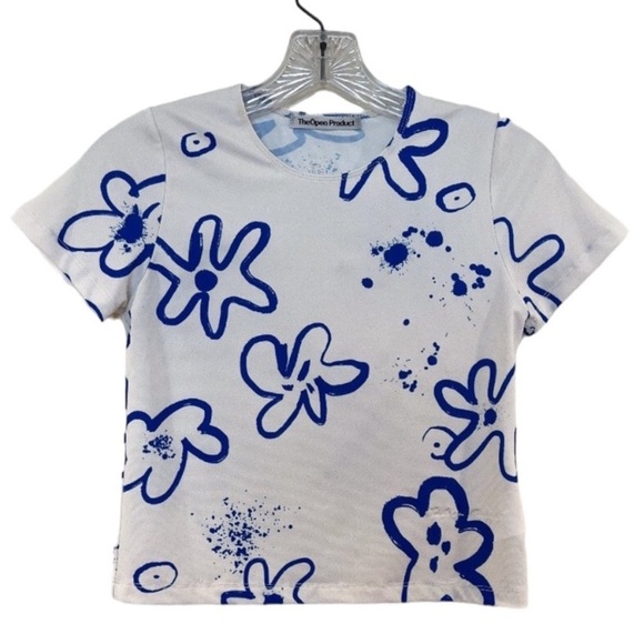 The Open Product White Blue Floral Beachy Tropical Cropped Short Sleeve Baby Tee - Picture 1 of 8
